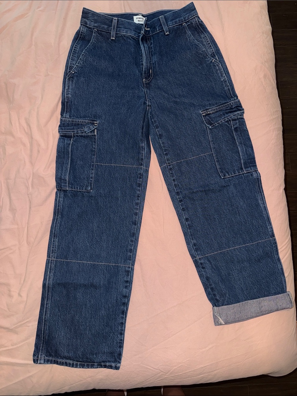 Sunday Best Women's Straight-Leg Cargo Jeans in Dark Blue